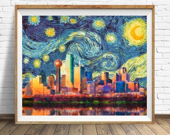 Dallas Skyline Poster Van Gogh Starry Night Print Texas Decor Van Gogh Print Wall Art Home Decor #vi1459