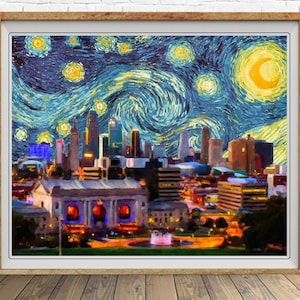 Póster del horizonte de Kansas City, impresión de la noche estrellada de Van Gogh, impresión de Van Gogh, arte de pared de Kansas City, decoración del hogar #vi1629