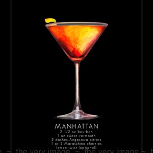 Póster de cóctel de Manhattan, arte de bar, arte de cóctel, impresión de cóctel de Manhattan, arte de pared, fondo negro, whisky #vi794