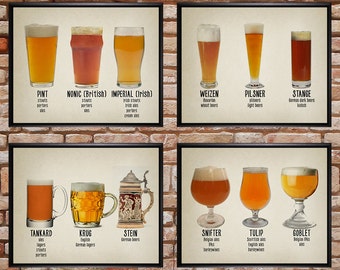 Beer Poster Discounted Set of 4 Bar Art Beer Glass Print Glass Types Mug  Pints Wall Art Home Decor vi368 