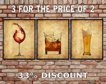 Bar Decor, Whiskey Prints, Wine Poster, Beer Art, Set of 3, Bar Art, Whiskey Poster, Wall Art Home Decor #vi1051