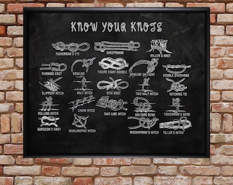 Knot Tying Chart - Scouting - Rope Knot Print - Rock Climbing Man Cave Wall Art Home Decor Fathers Day #vi246