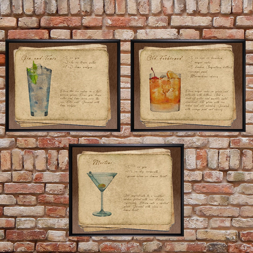 Vintage Bar Art Set of 3 Old Fashioned Martini Gin and Tonic Etsy