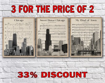 Chicago Skyline Poster, Chicago Print, Sheet Music, Illinois Decor, Wall Art, Home Decor #vi1539