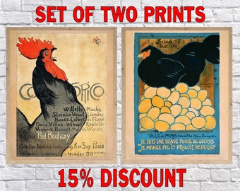 Vintage Chicken Poster, Set of 2 Vintage Posters, French Chicken Print, Rooster Poster, Wall Art#vi1781