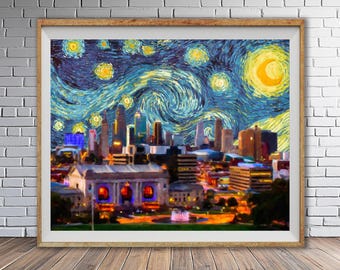 Kansas City Van and Gogh's Starry Night - Fine Art Poster, Scenic Skyline #vi1629