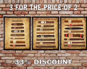Cigar Art, Cigar Size Chart - Discounted Set of 3 - Cigar Poster - Tobacco Print Man Cave Decor Fathers Day #vi0171