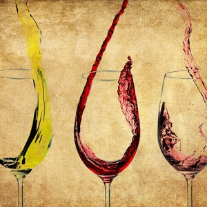 May include: Three wine glasses with red, white, and rose wine pouring into them. The wine is splashing and swirling in the glasses. The background is a vintage, textured paper.