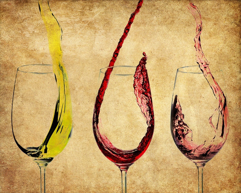 May include: Three wine glasses with red, white, and rose wine pouring into them. The wine is splashing and swirling in the glasses. The background is a vintage, textured paper.