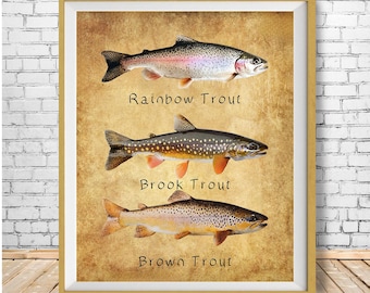 Rainbow Trout Poster, Brown Trout, Brook Trout, Fishing Decor, Trout Print, Gifts for Fisherman, Fathers Day Gift, Man Cave #vi1822