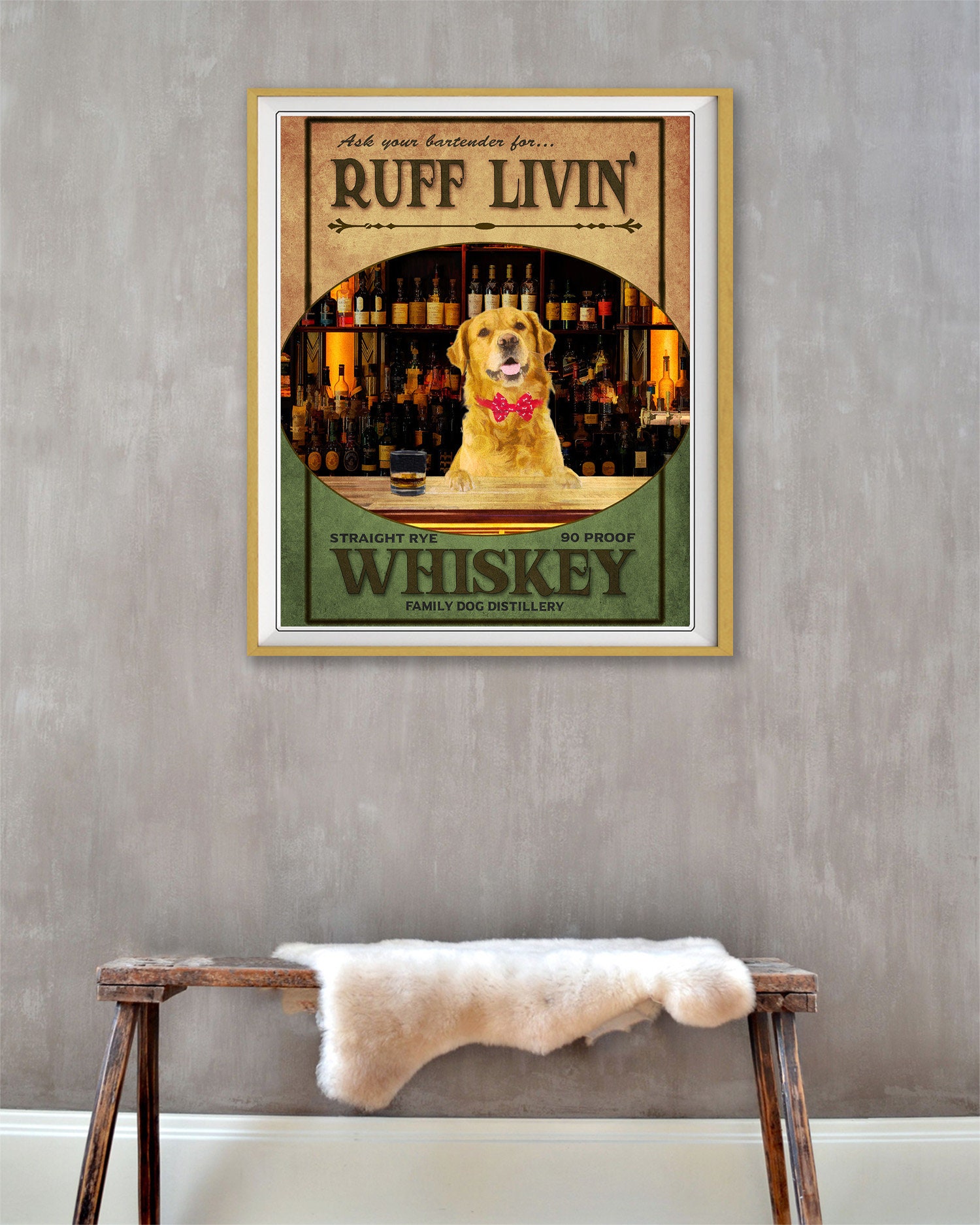 Whiskey Poster, Golden Retriver Art, Dog Print, Whiskey Print, Bar