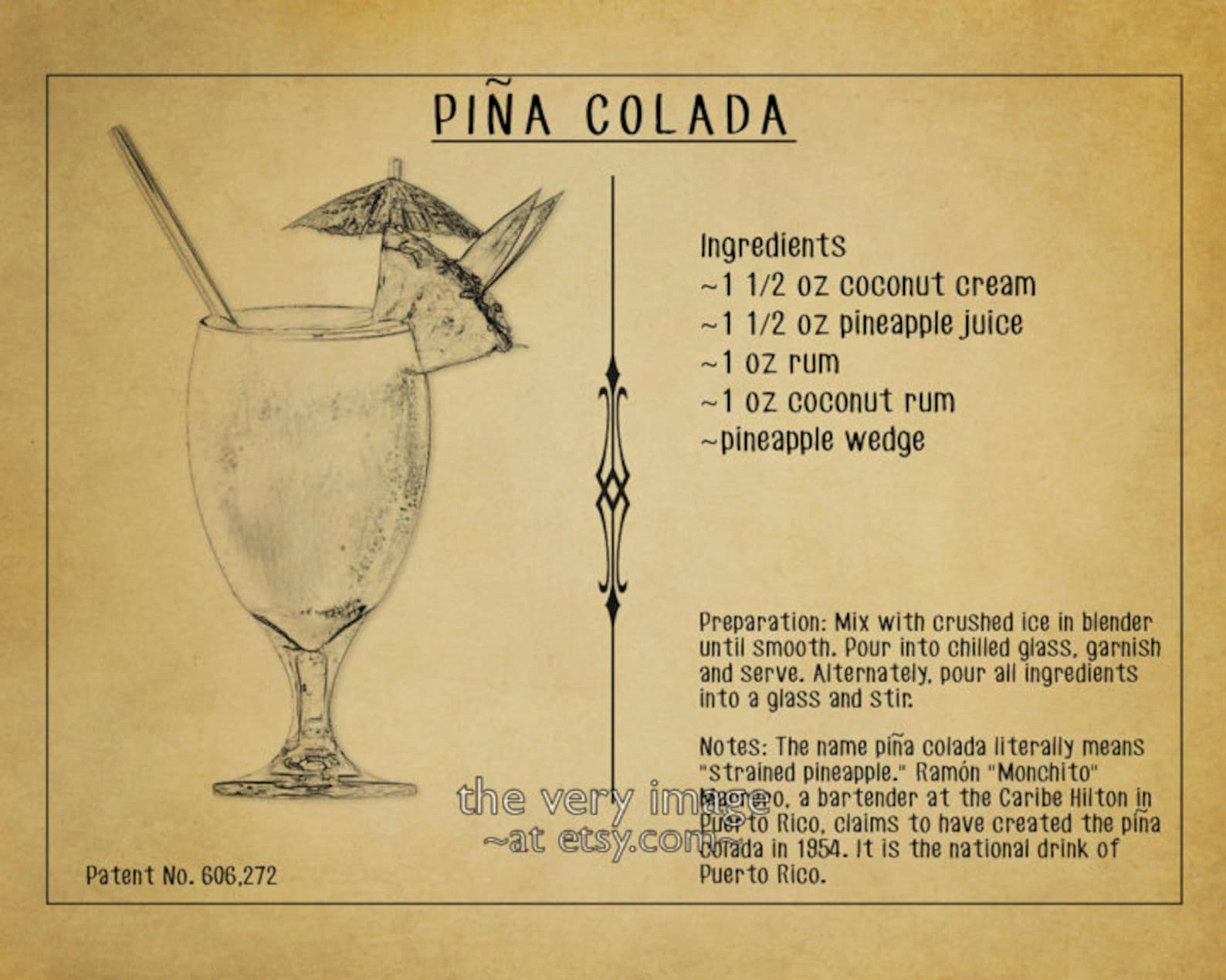 Pina Colada Poster Cocktail Recipe Print Bar Art Pina Colada Etsy