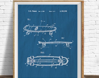 May include: A blue and white blueprint style illustration of a skateboard patent. The patent number is 4,182,520 and the date is January 8, 1980. The patent drawing shows three different views of the skateboard.