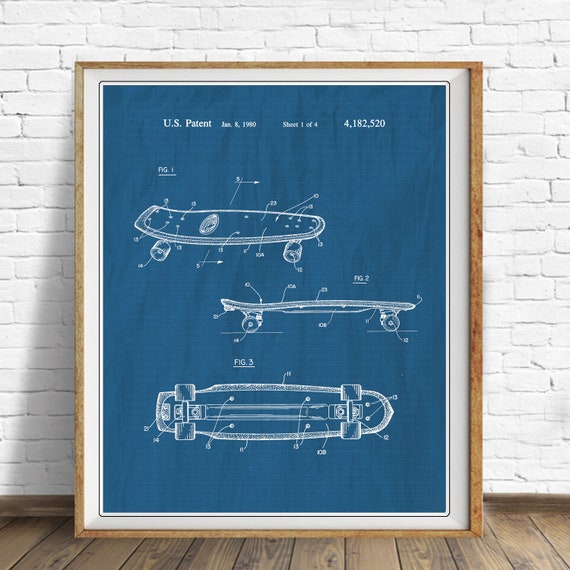 Vintage Skateboard Patent Print, Skateboard Decor, Skateboard Poster, Vintage Blueprint, Wall Art #vi1425