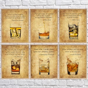 Discounted Set of Six Whiskey Prints with Quotes, Whiskey Poster, Bourbon Print, Scotch Poster, Bar Decor, Man Cave, Sale Bar Art  #vi810