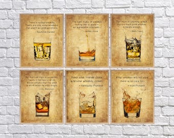 Discounted Set of Six Whiskey Prints with Quotes, Whiskey Poster, Bourbon Print, Scotch Poster, Bar Decor, Man Cave, Sale Bar Art  #vi810
