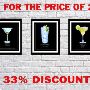 Conjunto con descuento de tres carteles de cócteles: margarita, gin tonic y martini. Oferta de arte de barra con fondo negro n.° vi797