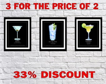 Discounted Set of Three Cocktail Posters - Margarita, Gin and Tonic, Martini Sale Bar Art Black Background #vi797