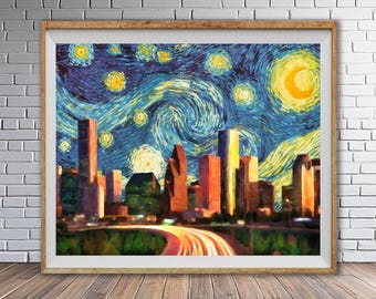Houston and Gogh's Starry Night - Texas Fine Art Poster, Scenic Skyline #vi1488