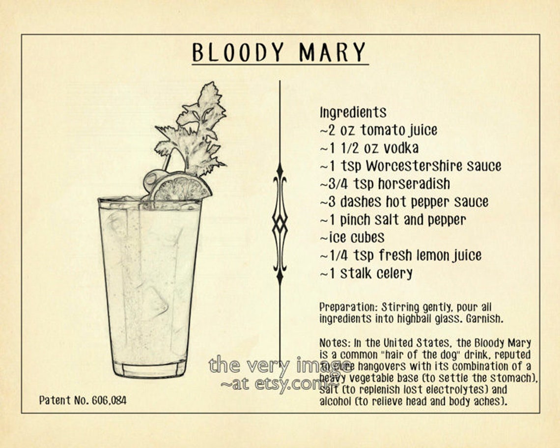 Bloody Mary Poster Cocktail Recipe Print Bar Art Bloody Mary - Etsy