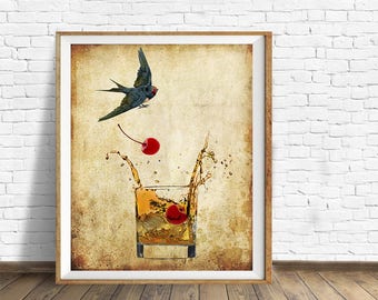 Whiskey Print, Bar Art, Whiskey Poster, Bar Decor, Scotch Bourbon Wall Art Home Decor Bird Art Print #vi828