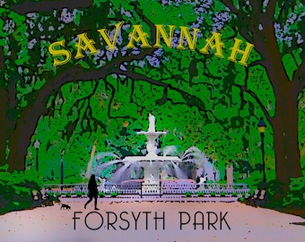 May include: An artistic depiction of Forsyth Park in Savannah, Georgia. The image shows a fountain, green trees, and the text "SAVANNAH" and "FORSYTH PARK" in yellow and white. A person and a dog are walking in the park.