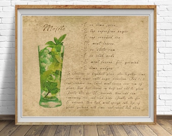 Vintage Bar Art, Mojito Cocktail Print, Bar Decor Cocktail Recipe Print Wall Art Cocktail Recipe  #vi1560