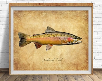 Cutthroat Trout Poster, Vintage Fish Print, Fly Fishing Decor, Trout Print, Gifts for Fisherman, Fathers Day Gift, Man Cave #vi1823
