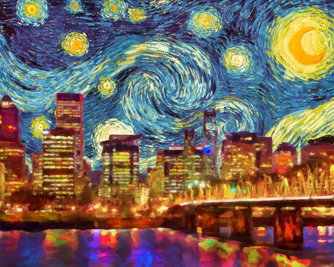 Portland Oregon Skyline Poster Van Gogh Starry Night Print