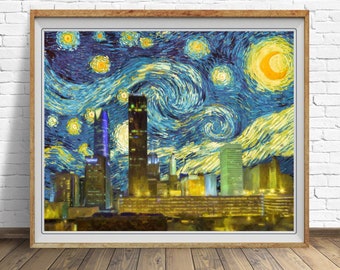 Oklahoma City Skyline Poster Van Gogh Starry Night Print Decor Van Gogh Print Wall Art Home Decor #vi1519