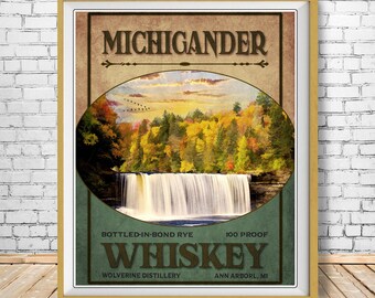 Whiskey Poster, Michigan Poster, Whiskey Print, Tahquamenon Falls, Bar Art, Upper Peninsula Home Decor #vi1709