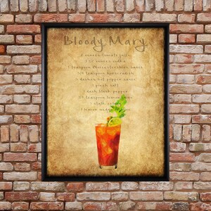 Receta de cóctel Bloody Mary - Arte de bar - Decoración de bar - Póster de cócteles - Arte de pared - Decoración del hogar - Impresión de bellas artes #vi198