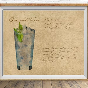 Vintage Bar Art, Gin and Tonic Print, Cocktail Print Bar Decor Recipe Wall Art Cocktail Art  #vi1565