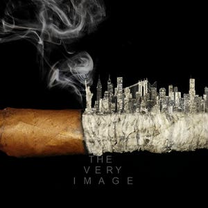May include: A black and white illustration of the New York City skyline on top of a lit cigar with smoke rising from the top. The text "THE VERY IMAGE" is below the cigar.
