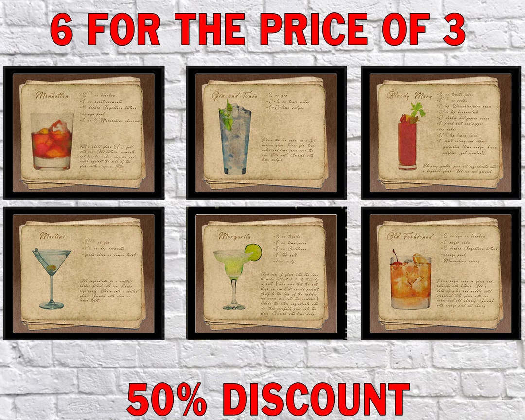 Vintage Bar Art Set of 6 Old Fashioned Martini Gin and Tonic Cocktail