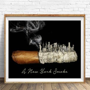 May include: A brown cigar with a white filter, with a silhouette of the New York City skyline in the filter. The text "A New York Smoke" is written below the cigar.