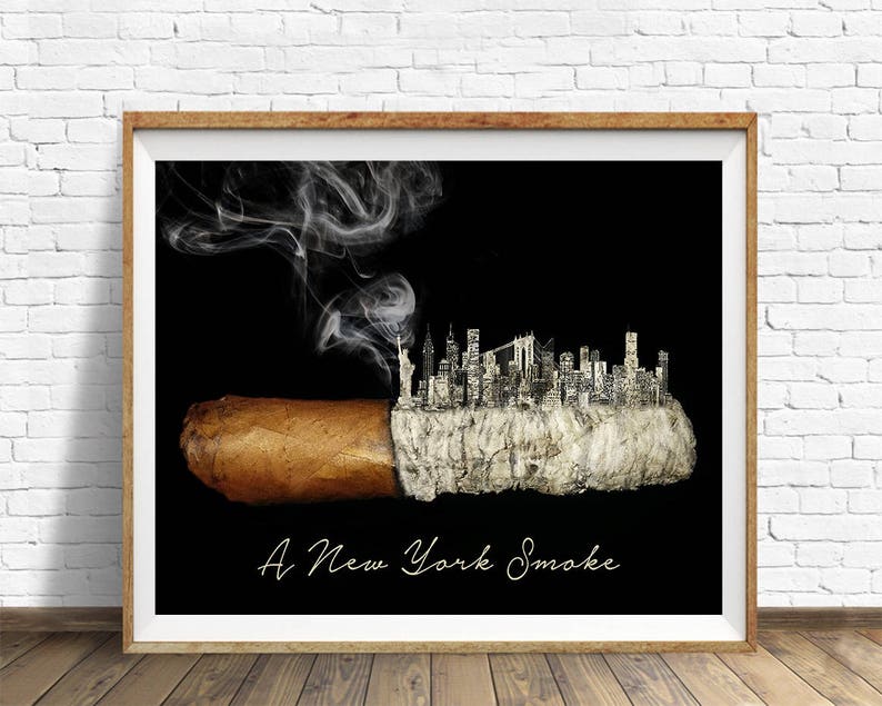 May include: A brown cigar with a white filter, with a silhouette of the New York City skyline in the filter. The text "A New York Smoke" is written below the cigar.