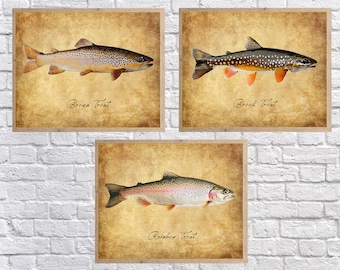 Rainbow Trout, Set of Three, Brown Trout, Brookie, Gifts for Fisherman, Man Cave, Fish Decor, Discounted Set, Sale, Bogo #vi1829