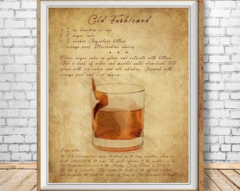 Vintage Bar Art, Old Fashioned Print, Old Fashioned Recipe Cocktail Print Bar Decor Wall Art Cocktail Art #vi1617
