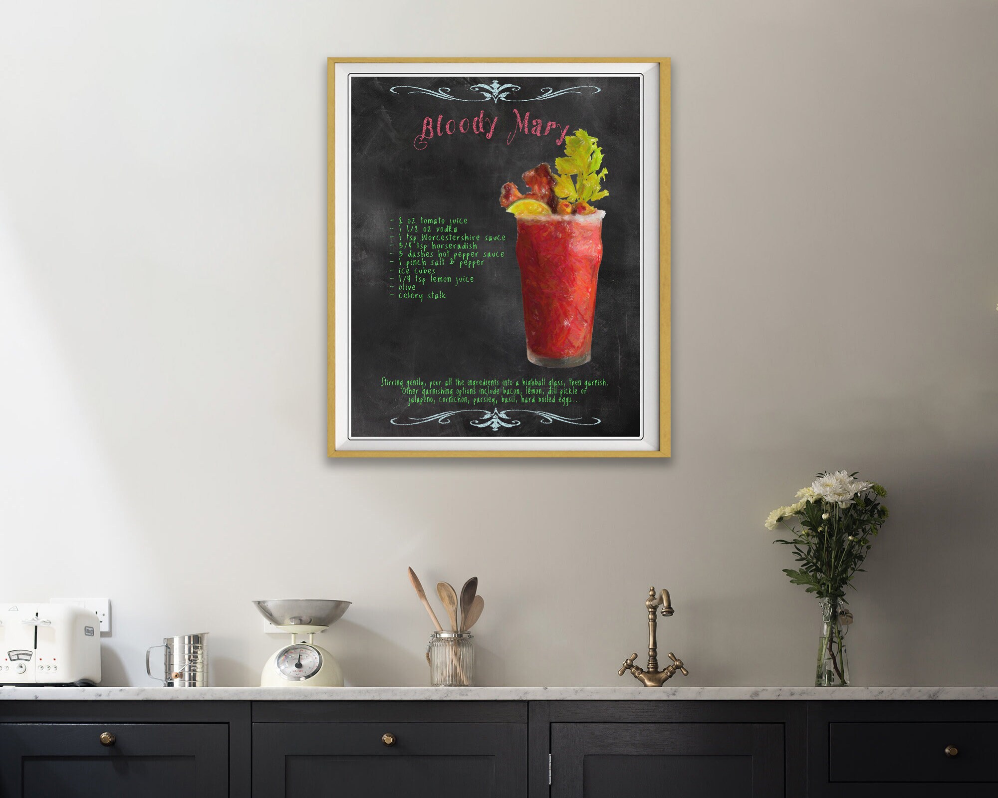 Bloody Mary Print, Vintage Bar Art, Bloody Mary Poster, Chalkboard