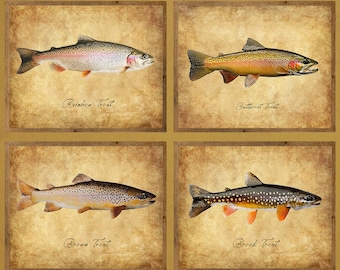 Rainbow Trout, Set of Four, Brown Trout, Brookie, Cutthroat, Gifts for Fisherman, Man Cave, Fish Decor, Discounted Set, Sale, Bogo #vi1830