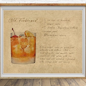 May include: A vintage-style illustration of an Old Fashioned cocktail recipe. The recipe includes 2 ounces of rye or bourbon, 1 sugar cube, 2 dashes of Angostura bitters, an orange peel, and a maraschino cherry. The illustration shows a glass filled with ice and a brown liquid, garnished with an orange peel and a cherry.