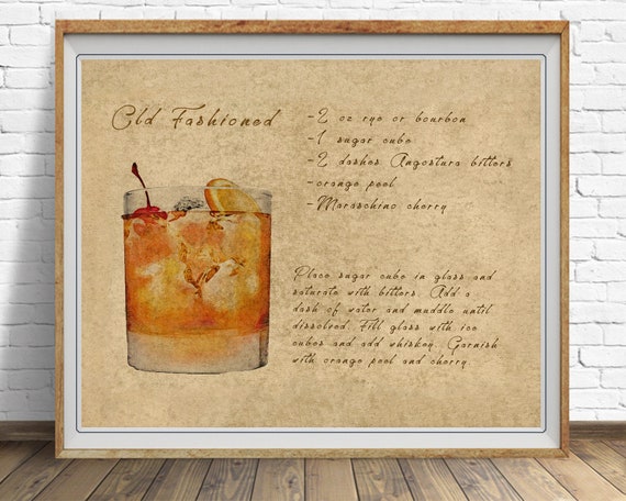 Vintage Bar Art, Old Fashioned Cocktail Print, Bar Decor Old Fashioned Recipe Wall Art Cocktail Art  #vi1557