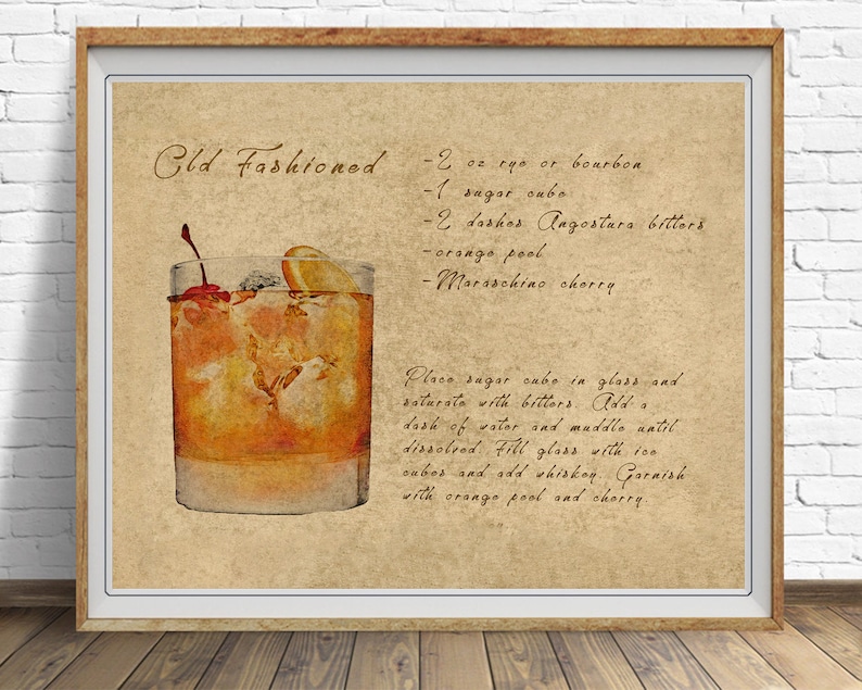 May include: A vintage-style illustration of an Old Fashioned cocktail recipe. The recipe includes 2 ounces of rye or bourbon, 1 sugar cube, 2 dashes of Angostura bitters, an orange peel, and a maraschino cherry. The illustration shows a glass filled with ice and a brown liquid, garnished with an orange peel and a cherry.
