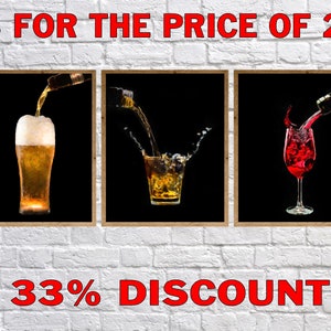 Bar Art, Whiskey Print, Bar Decor, Print Set, Wine Print, Beer Poster, Black Background Wall Art #vi1255