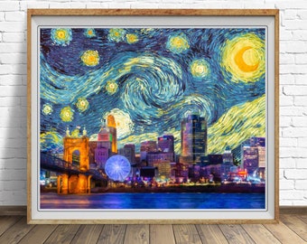 Cincinnati Skyline Poster Van Gogh Starry Night Print Ohio Decor Van Gogh Print Wall Art Home Decor #vi1684