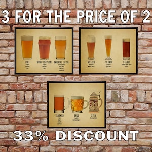 Beer Poster - Discounted Set of 3 - Bar Art - Beer Glass Print - Glass Types Mug Pints Wall Art Home Decor #vi367