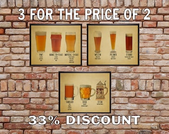 Beer Poster - Discounted Set of 3 - Bar Art - Beer Glass Print - Glass Types Mug Pints Wall Art Home Decor #vi367