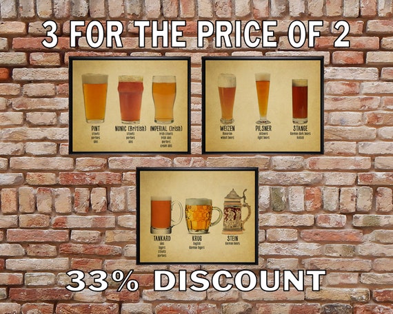 Beer Poster Discounted Set of 3 Bar Art Beer Glass Print Glass Types Mug  Pints Wall Art Home Decor vi367 