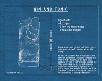 Gin and Tonic Poster Cocktail Recipe Print Bar Art Gin and Tonic Print Alcohol Wall Art Home Decor #vi730
